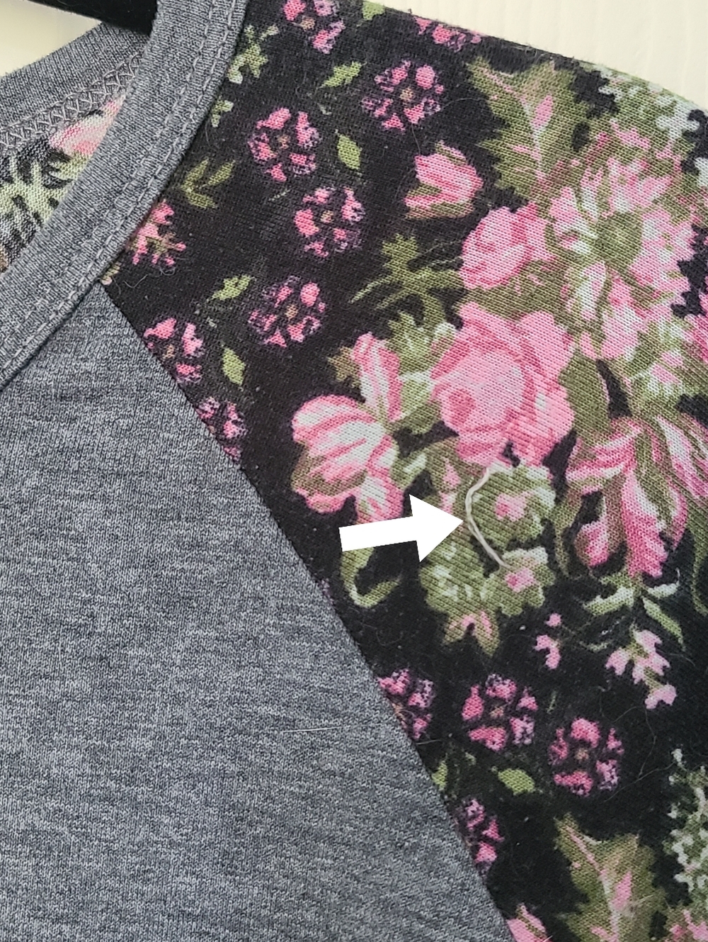 Heather Gray Raglan Tee with Pink, Sage Green, & White Floral on Black Sleeves - Picture 6 of 6